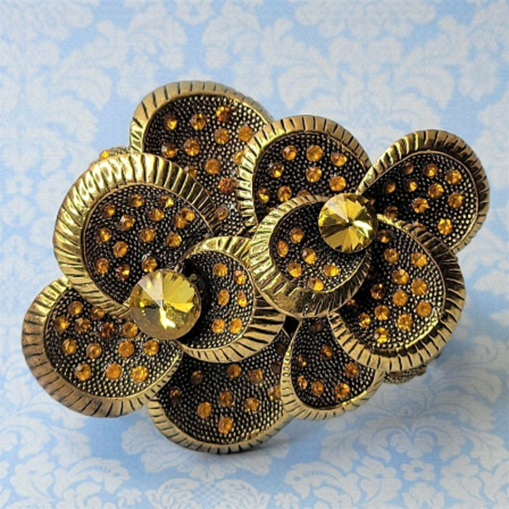Large Bold Rhinestone Vintage Double Flower Bracelet